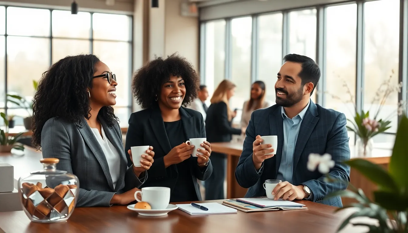 diverse professionals discussing ideas in a cozy café.